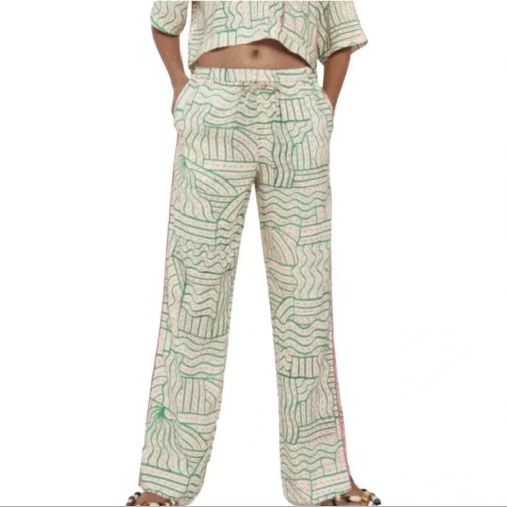Zara Womens Green Pink‎ Abstract Print Linen Blend Straight Leg Pants High Rise